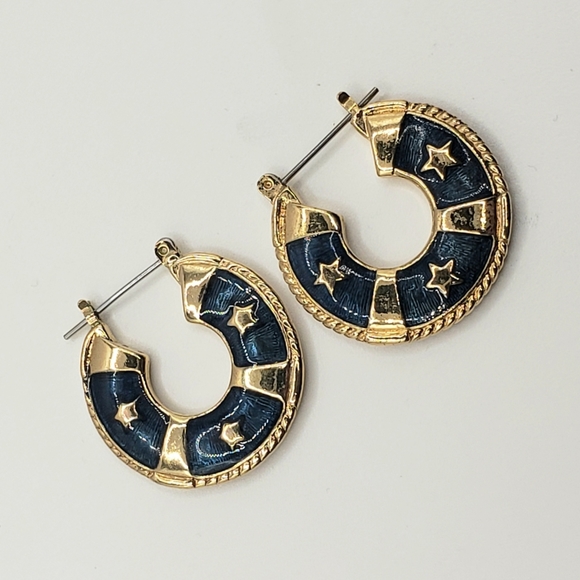 Western Gold and Navy Star Hoops Earrings - Picture 4 of 6